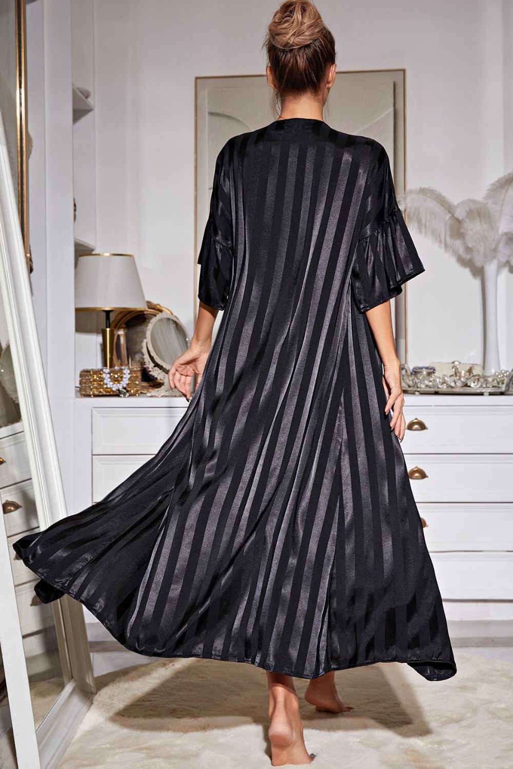 Striped Flounce Sleeve Open Front Robe and Cami Mini Dress Set BLUE ZONE PLANET