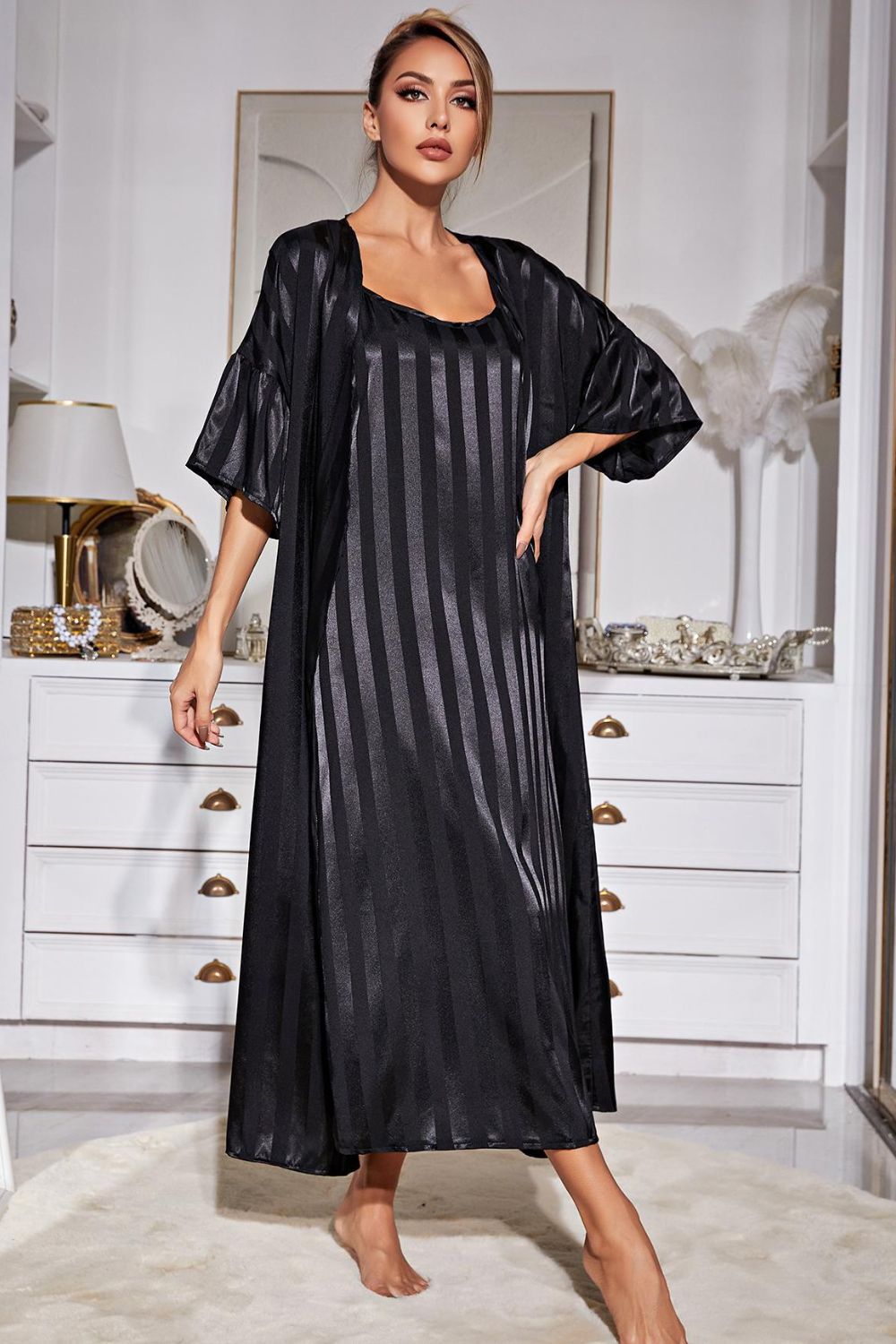 Striped Flounce Sleeve Open Front Robe and Cami Mini Dress Set BLUE ZONE PLANET