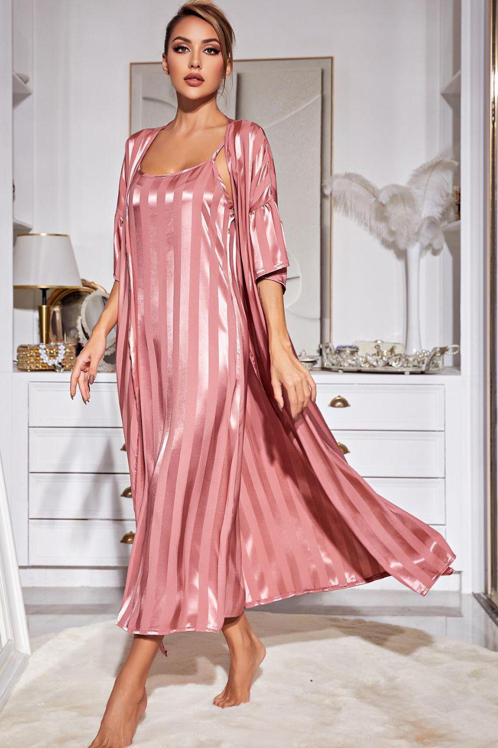 Striped Flounce Sleeve Open Front Robe and Cami Mini Dress Set BLUE ZONE PLANET