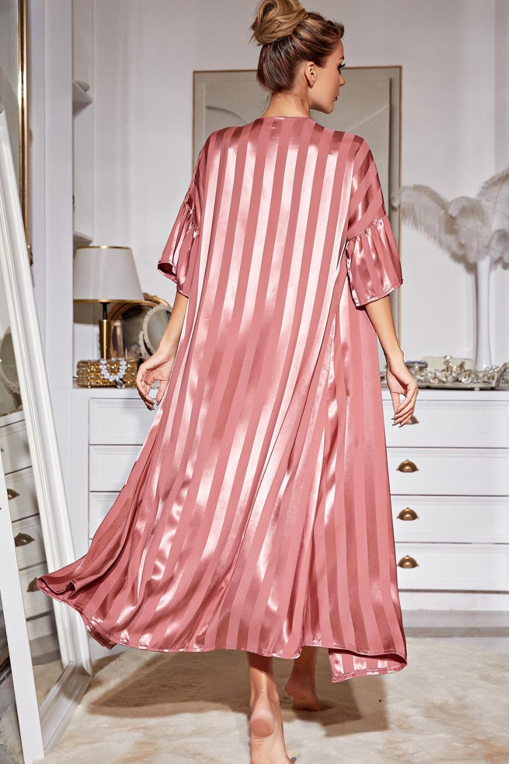 Striped Flounce Sleeve Open Front Robe and Cami Mini Dress Set BLUE ZONE PLANET
