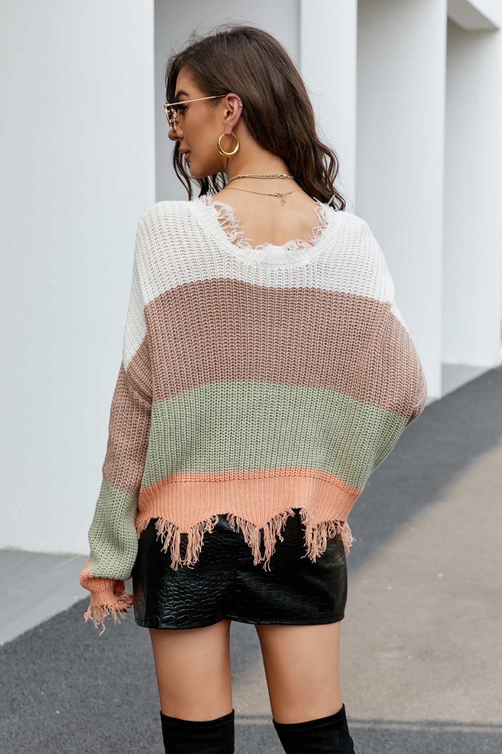 Striped Fringe Trim V-Neck Sweater BLUE ZONE PLANET