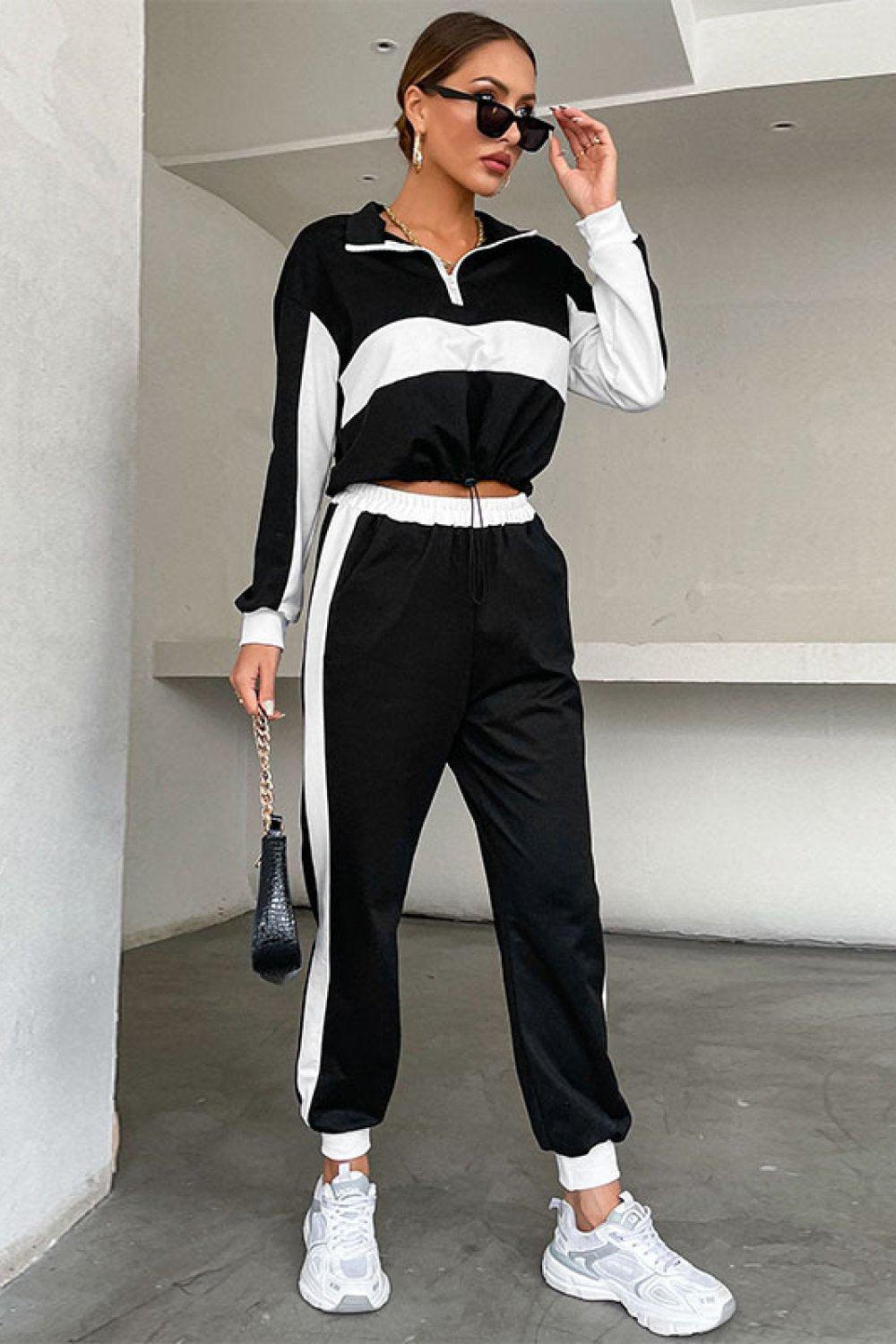 Striped Half Zip Cropped Sweatshirt and Joggers Set BLUE ZONE PLANET