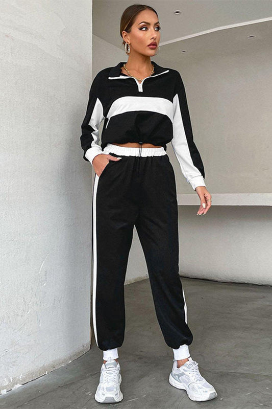 Striped Half Zip Cropped Sweatshirt and Joggers Set BLUE ZONE PLANET