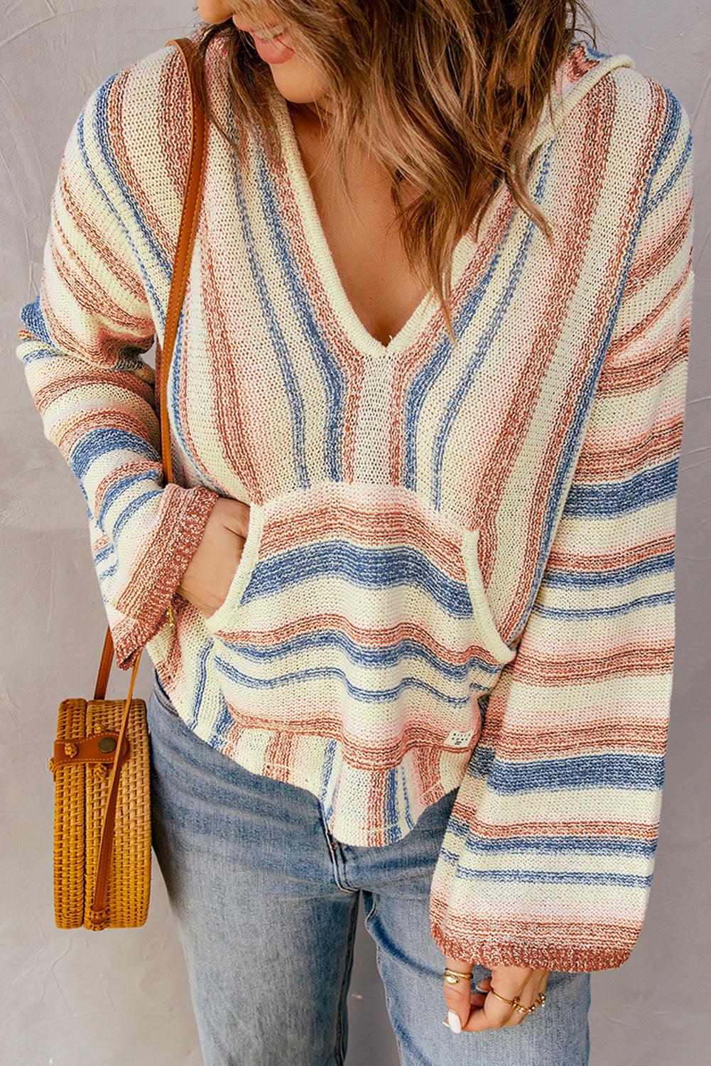 Striped Hooded Sweater with Kangaroo Pocket BLUE ZONE PLANET