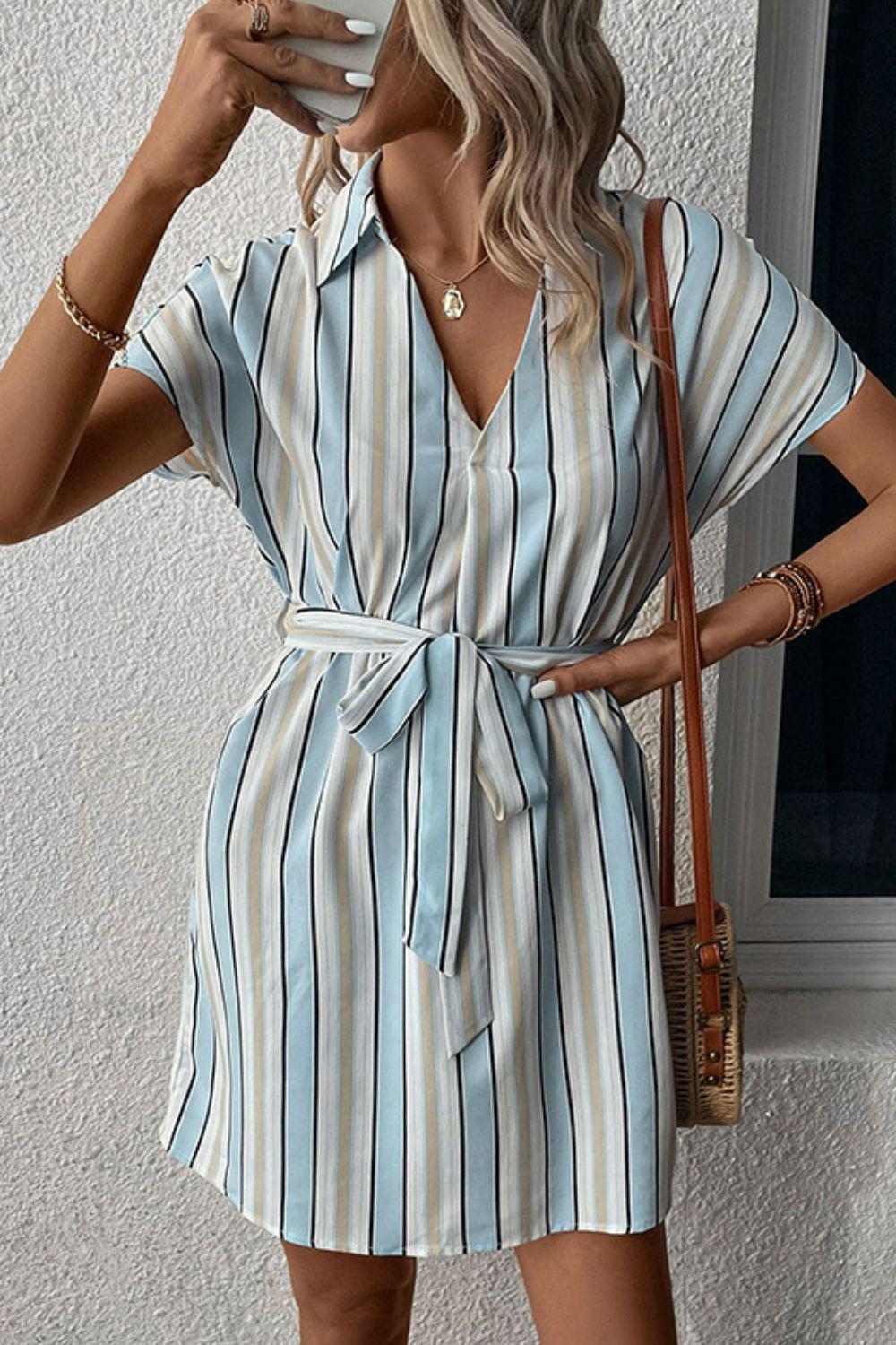 Striped Johnny Collar Tie-Waist Dress BLUE ZONE PLANET