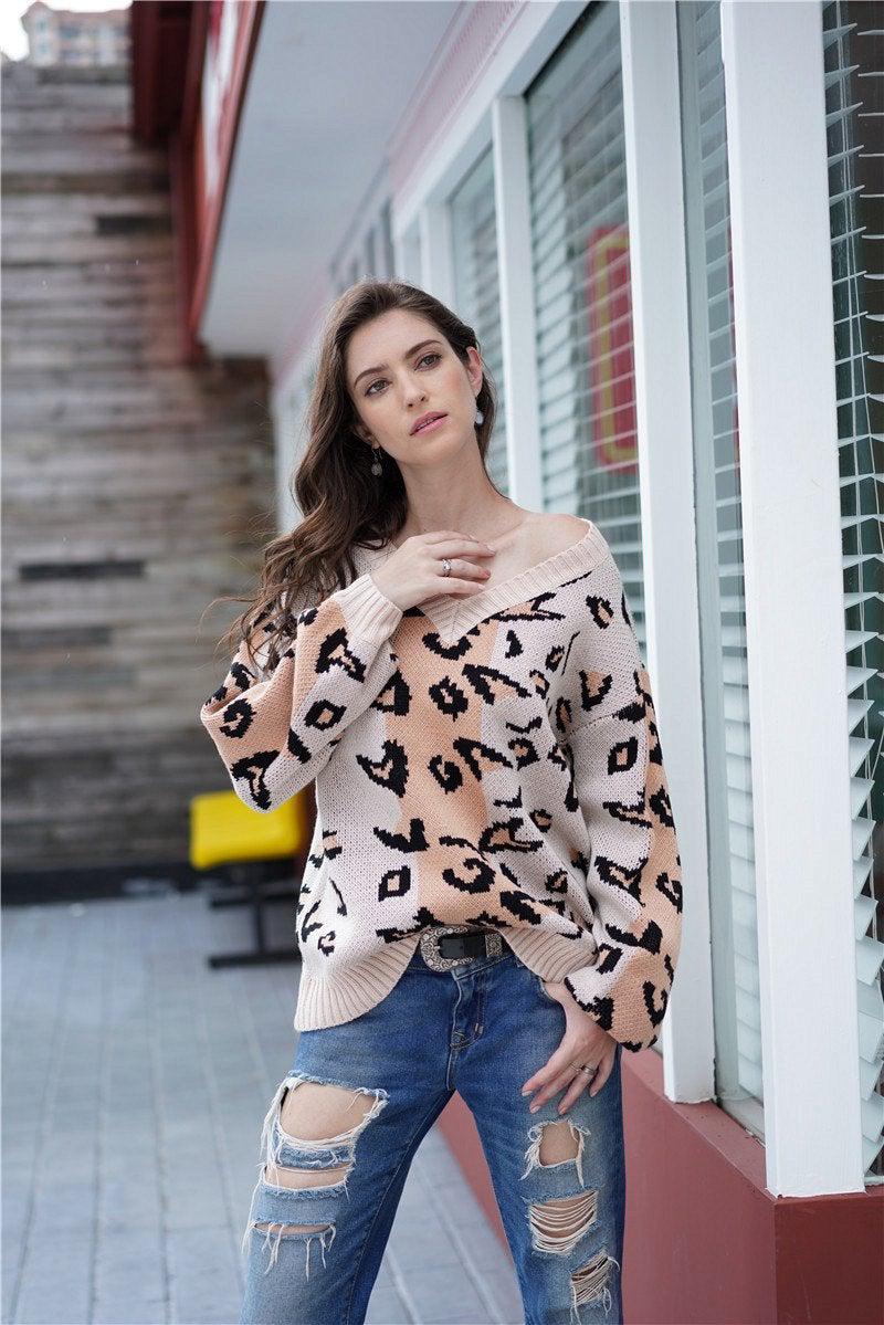 Striped Leopard Print Balloon Sleeve Sweater BLUE ZONE PLANET