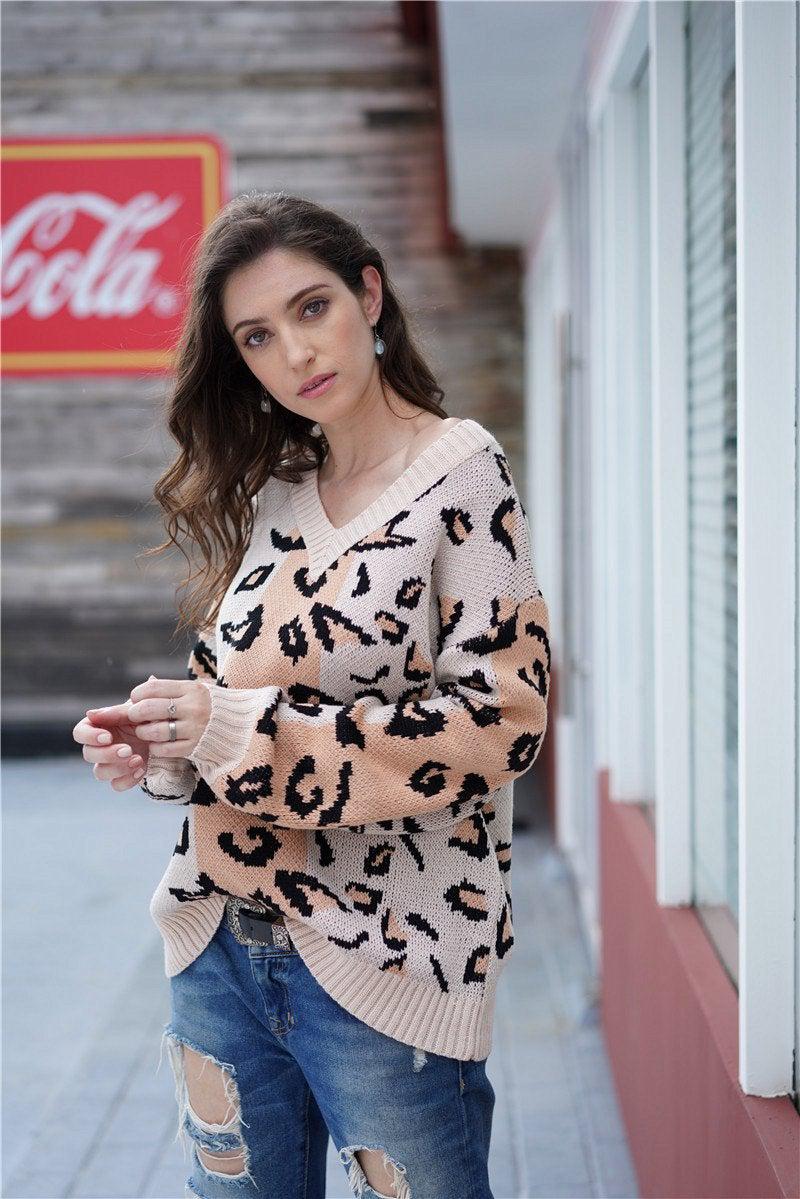 Striped Leopard Print Balloon Sleeve Sweater BLUE ZONE PLANET