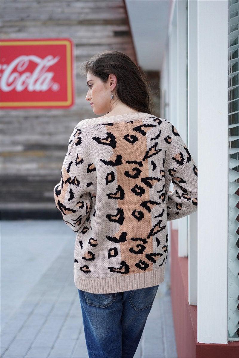 Striped Leopard Print Balloon Sleeve Sweater BLUE ZONE PLANET