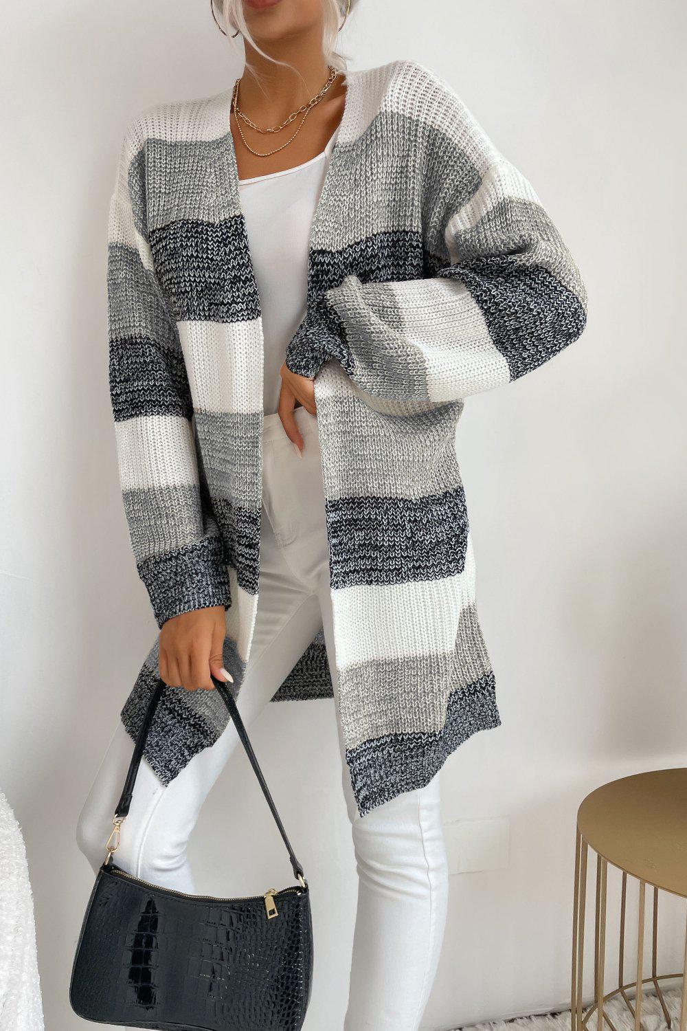 Striped Long Sleeve Duster Cardigan BLUE ZONE PLANET