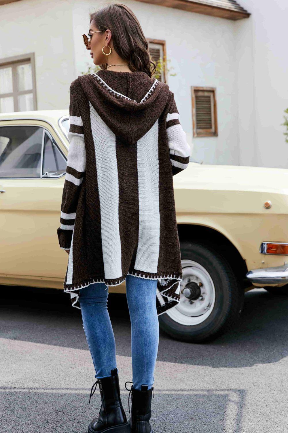 Striped Open Front Hooded Cardigan BLUE ZONE PLANET