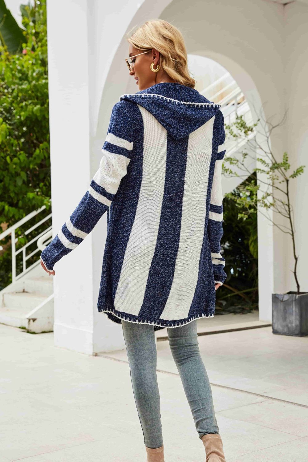 Striped Open Front Hooded Cardigan BLUE ZONE PLANET