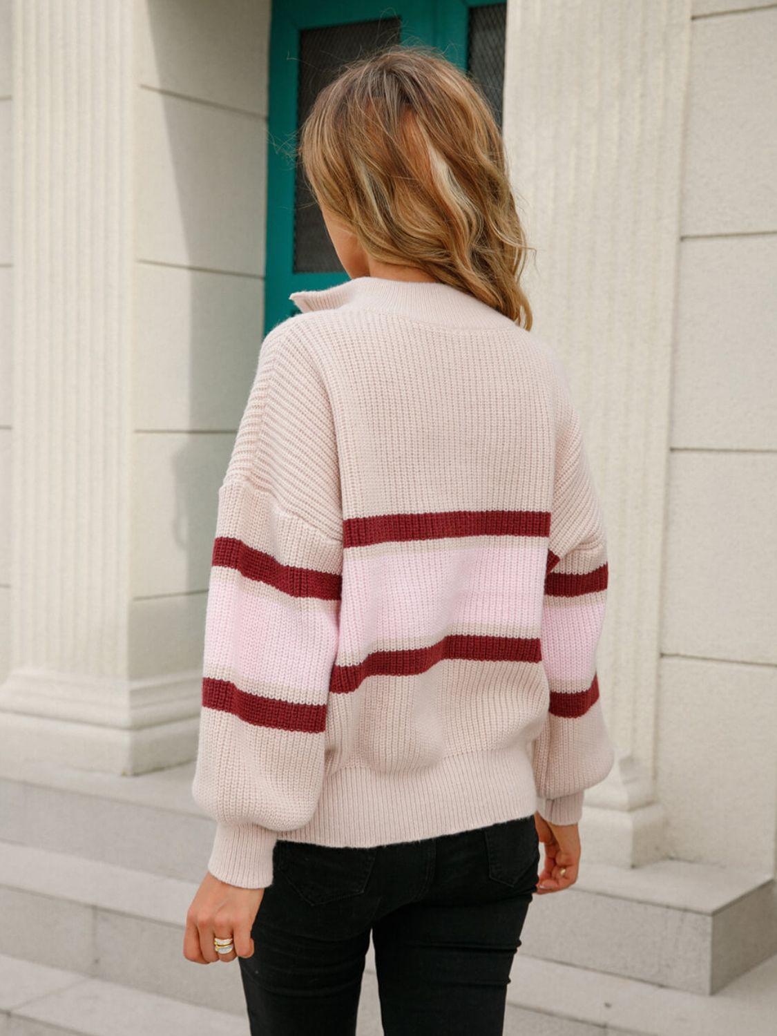 Striped Quarter-Zip Lantern Sleeve Sweater BLUE ZONE PLANET