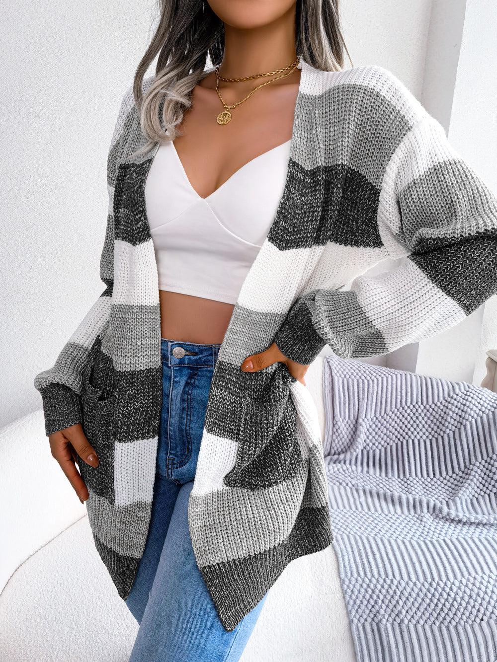Striped Rib-Knit Open Front Longline Cardigan BLUE ZONE PLANET