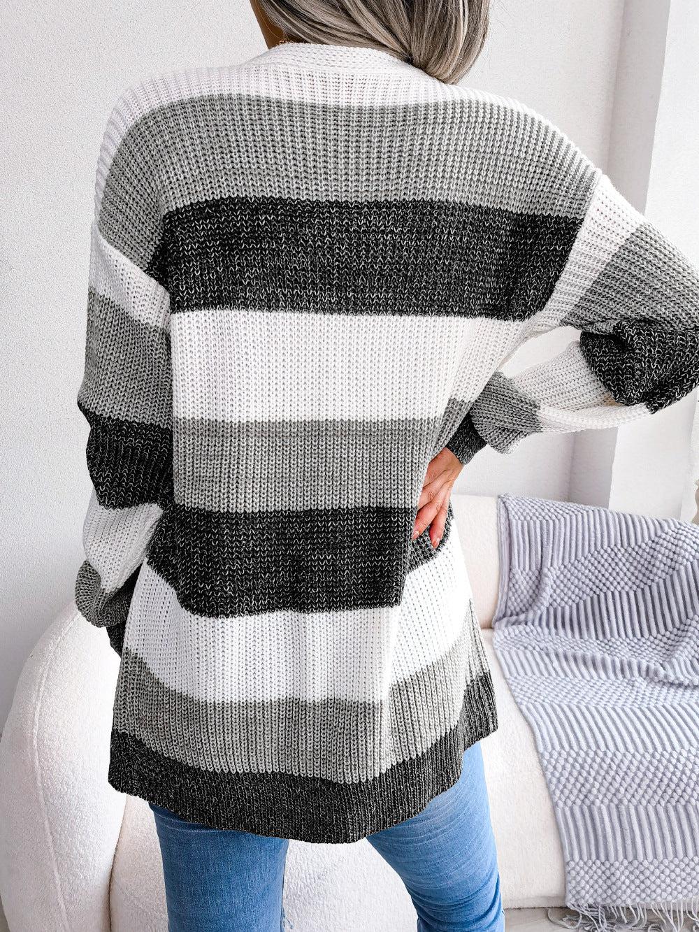 Striped Rib-Knit Open Front Longline Cardigan BLUE ZONE PLANET
