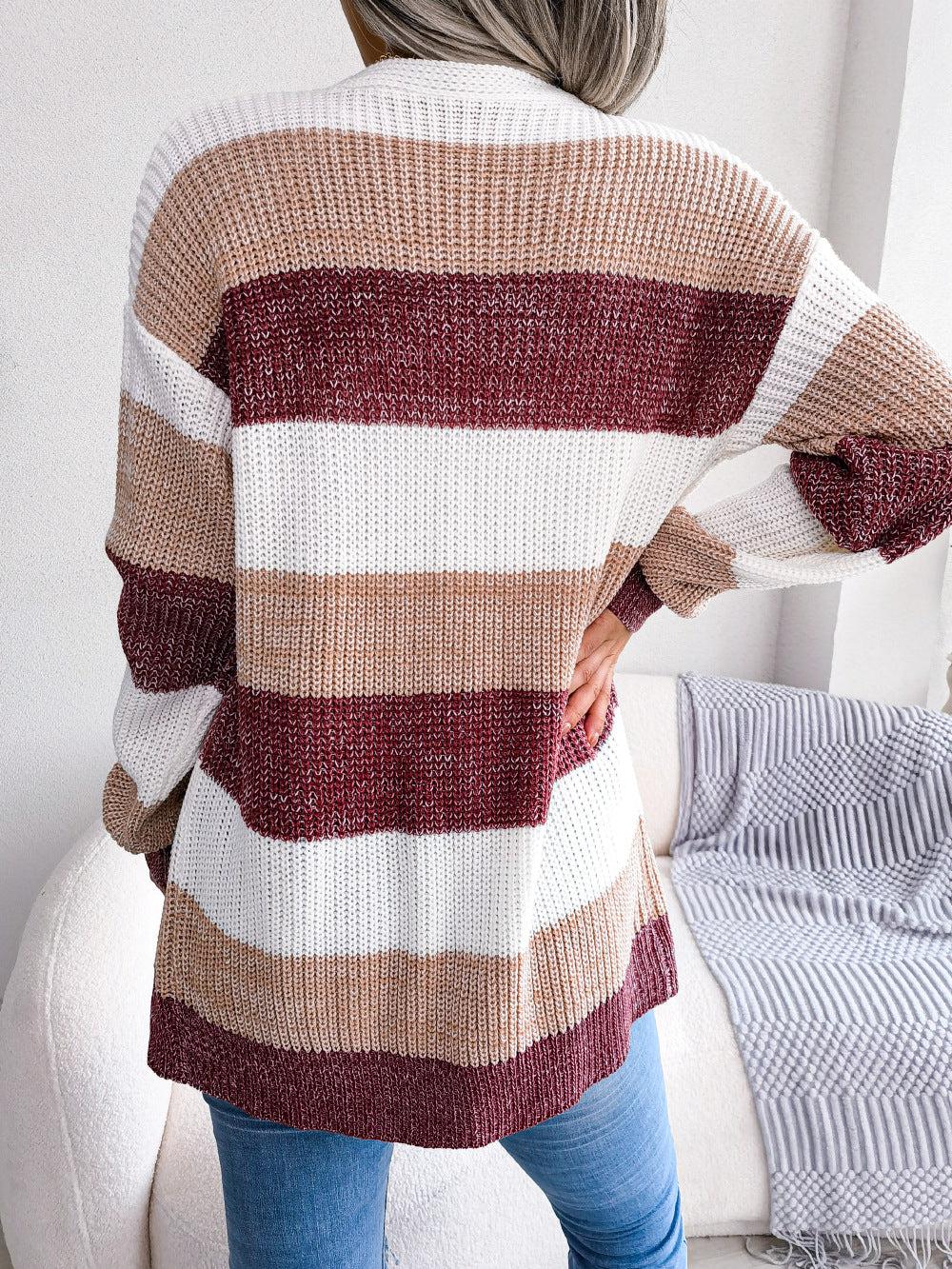 Striped Rib-Knit Open Front Longline Cardigan BLUE ZONE PLANET