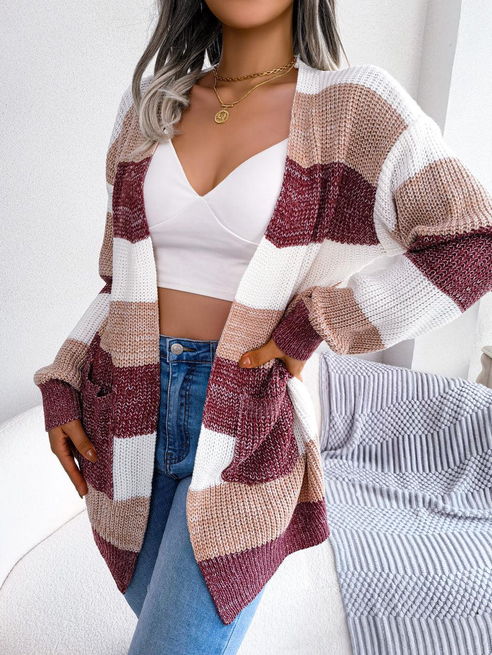 Striped Rib-Knit Open Front Longline Cardigan BLUE ZONE PLANET