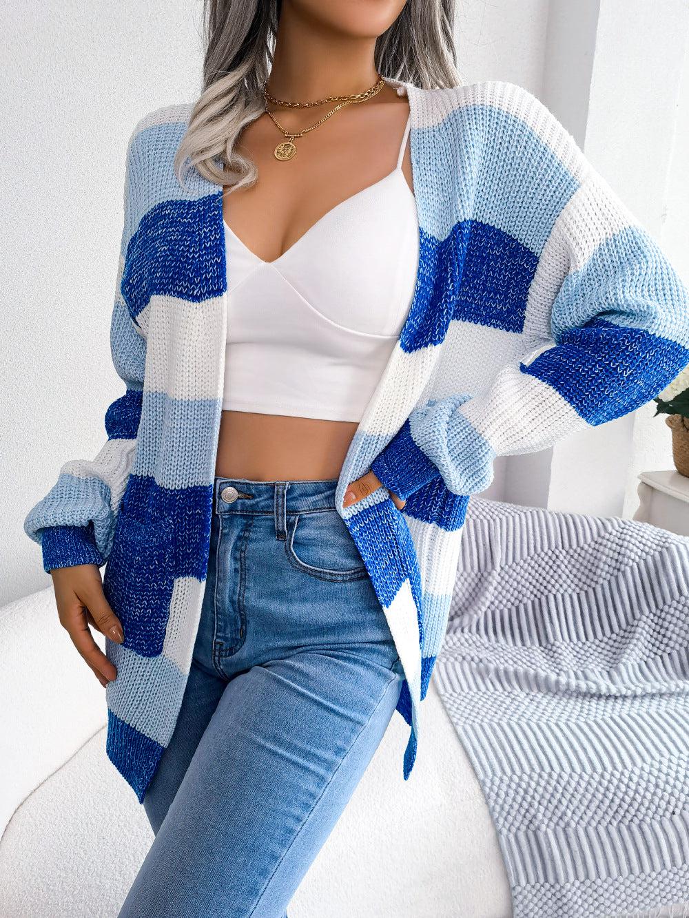 Striped Rib-Knit Open Front Longline Cardigan BLUE ZONE PLANET