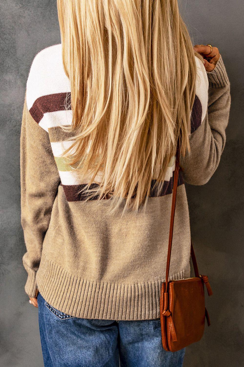 Striped Ribbed Trim Drop Shoulder Sweater BLUE ZONE PLANET