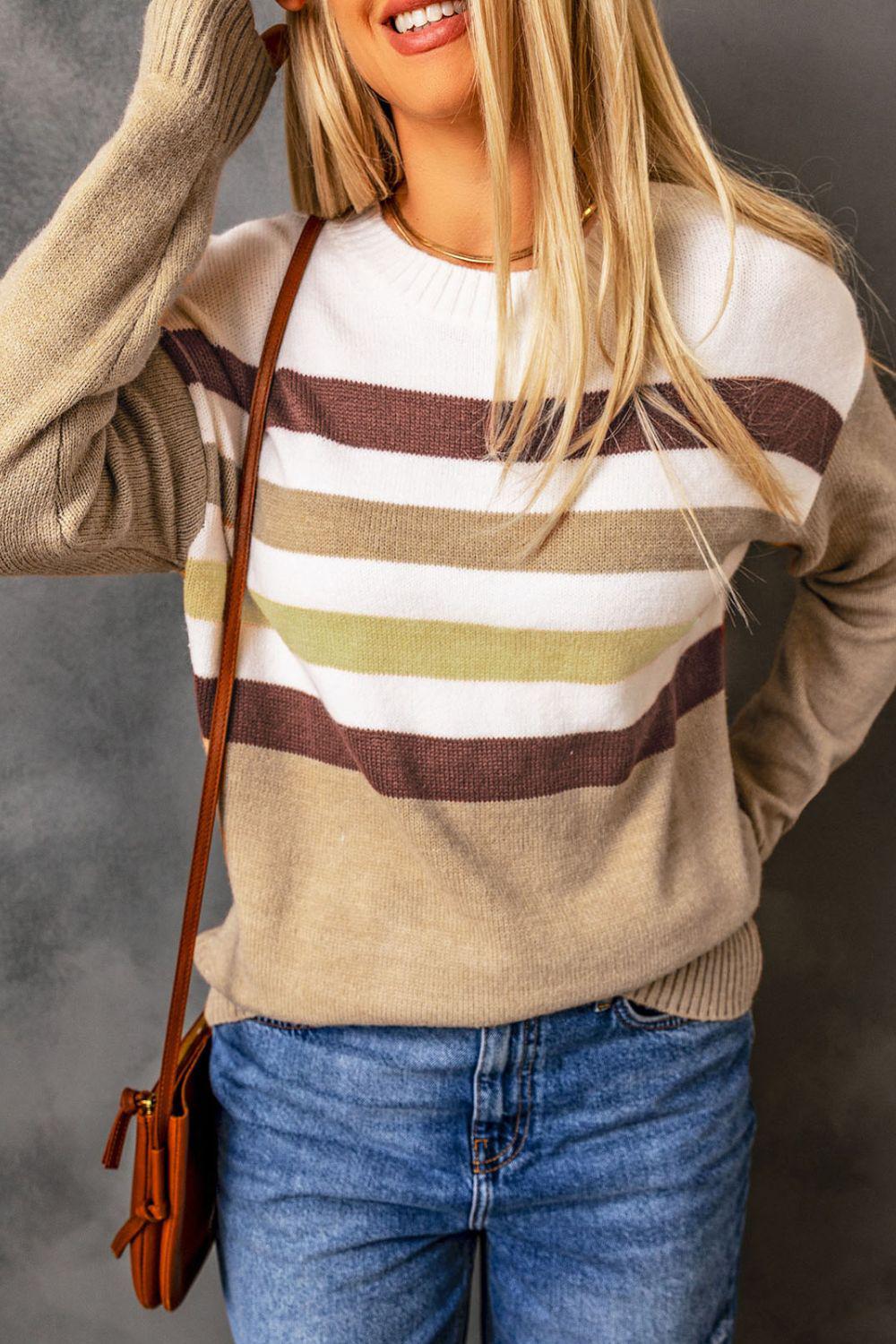 Striped Ribbed Trim Drop Shoulder Sweater BLUE ZONE PLANET