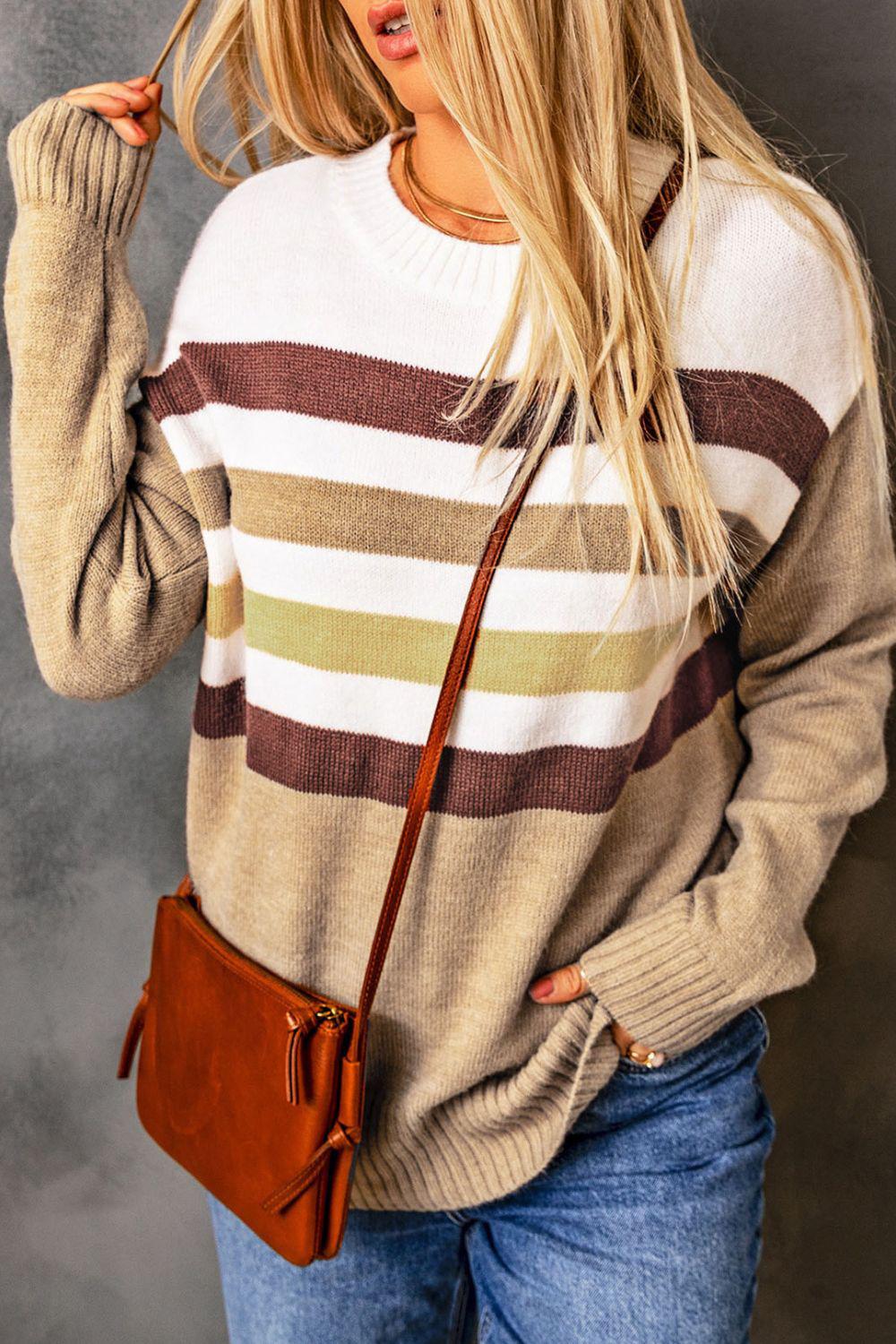 Striped Ribbed Trim Drop Shoulder Sweater BLUE ZONE PLANET