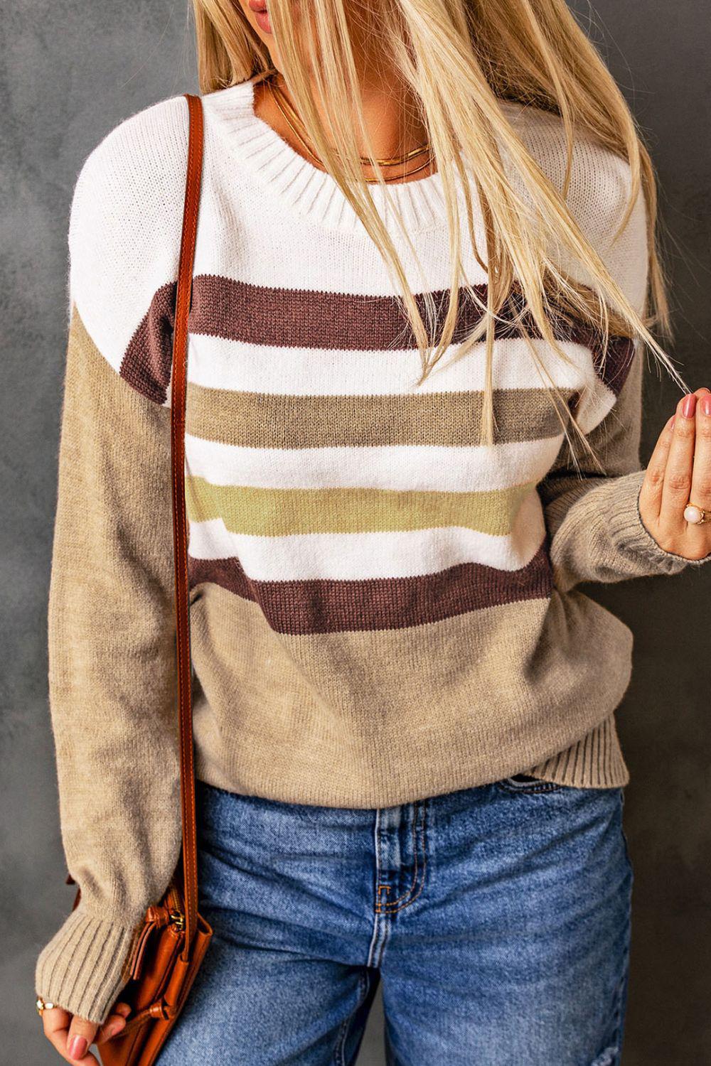 Striped Ribbed Trim Drop Shoulder Sweater BLUE ZONE PLANET