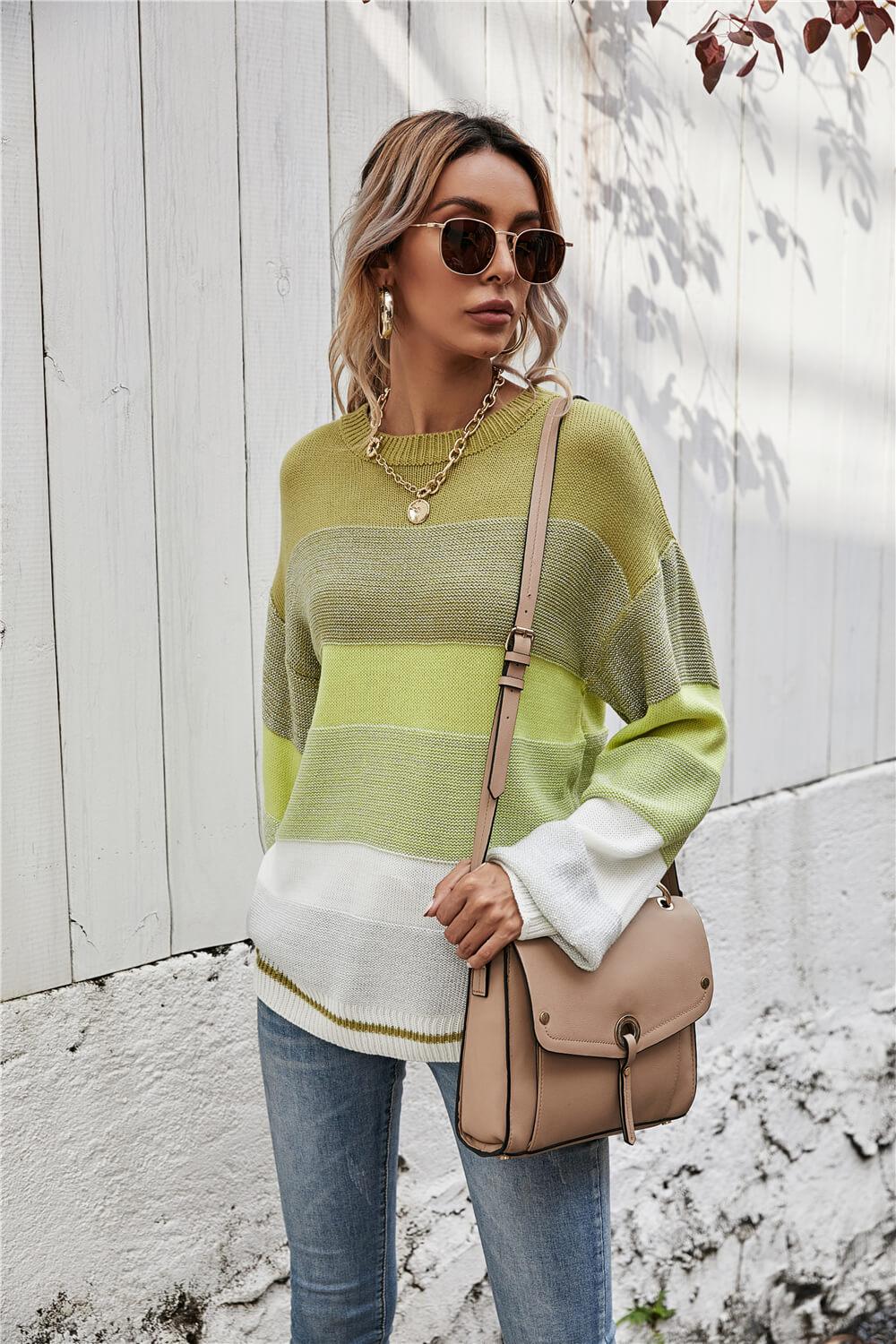 Striped Ribbed Trim Sweater BLUE ZONE PLANET