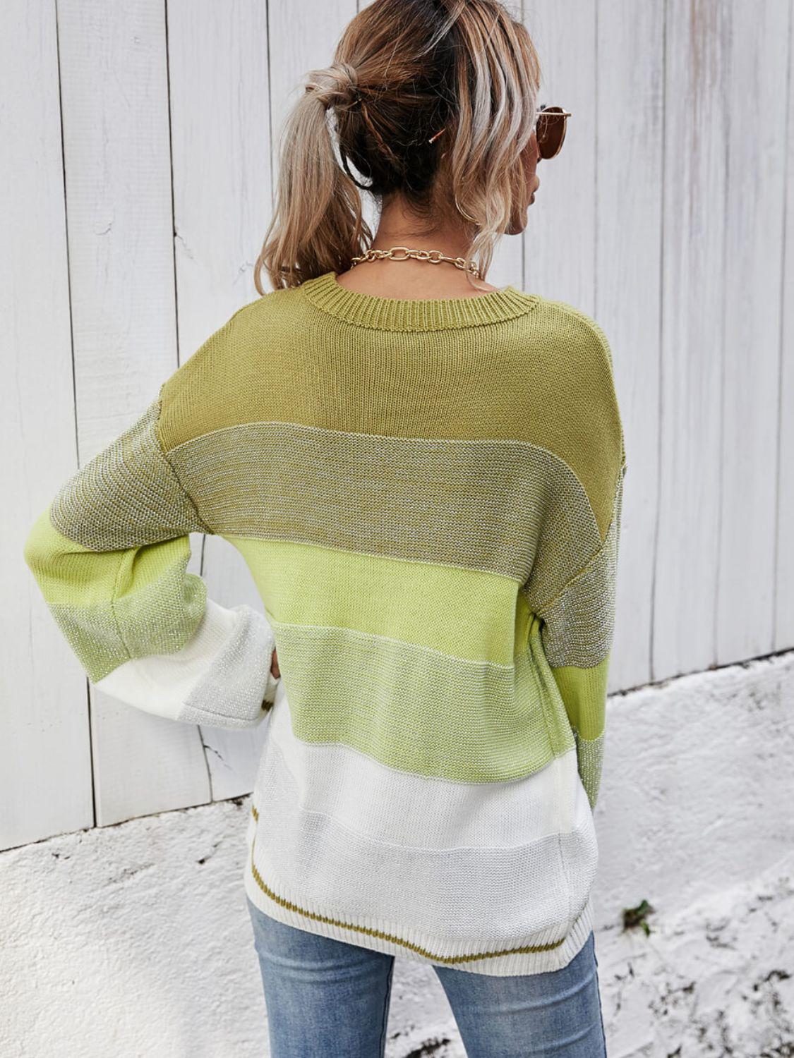 Striped Ribbed Trim Sweater BLUE ZONE PLANET