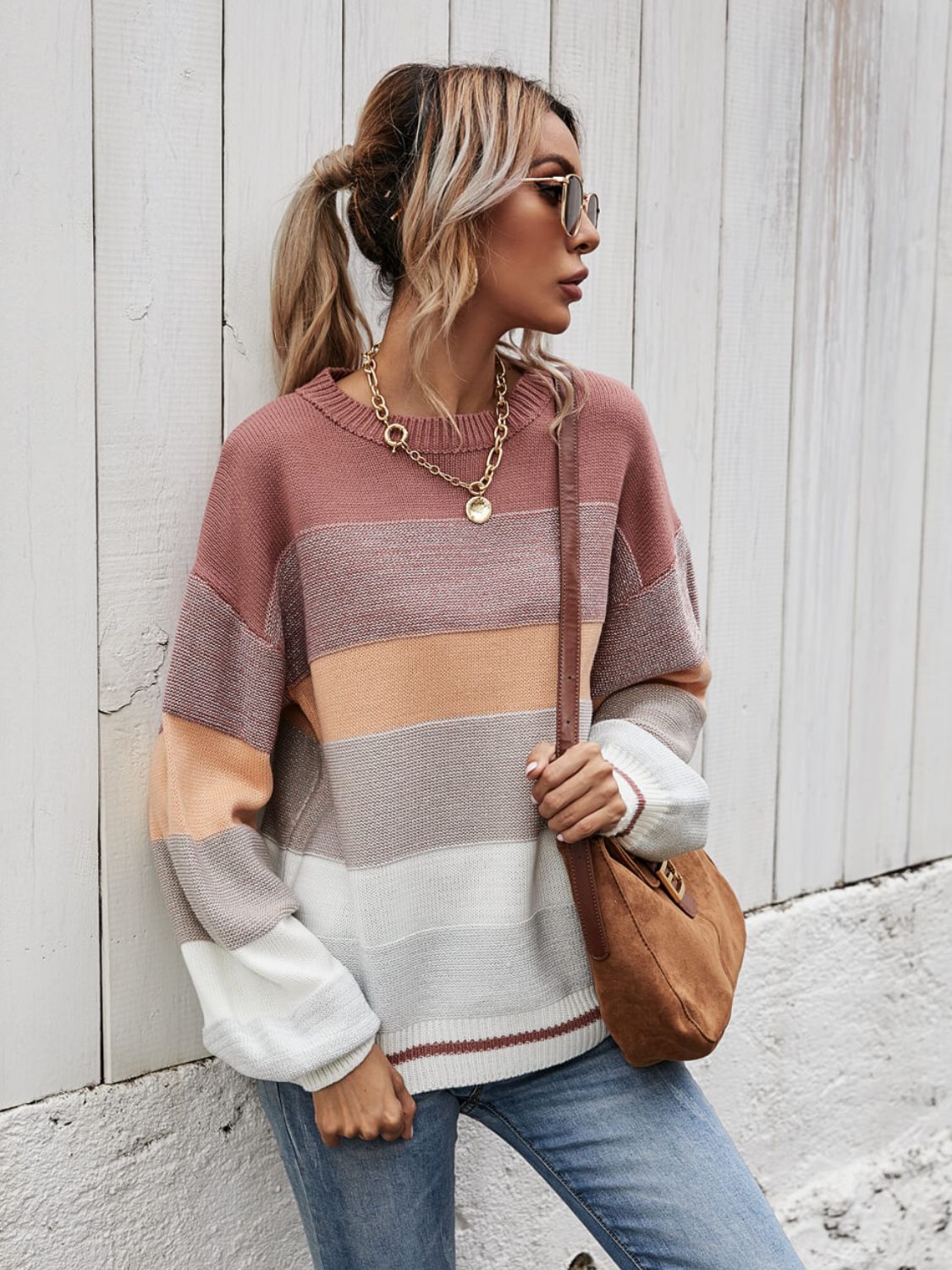 Striped Ribbed Trim Sweater BLUE ZONE PLANET