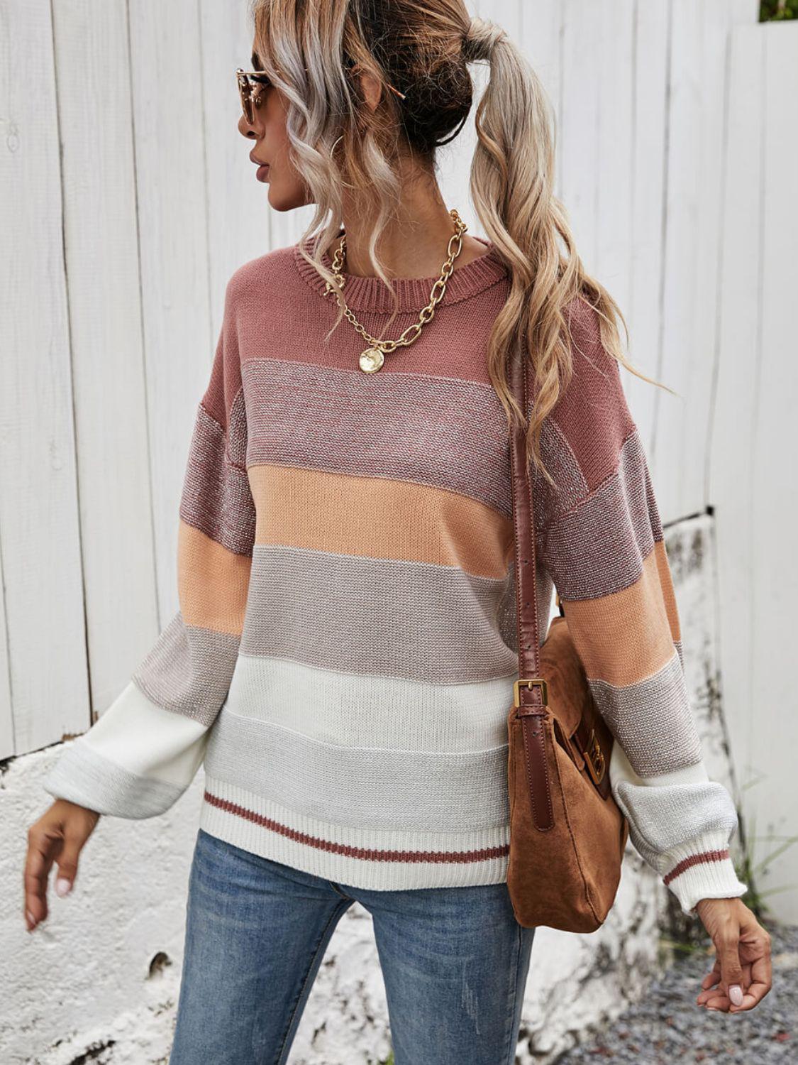 Striped Ribbed Trim Sweater BLUE ZONE PLANET