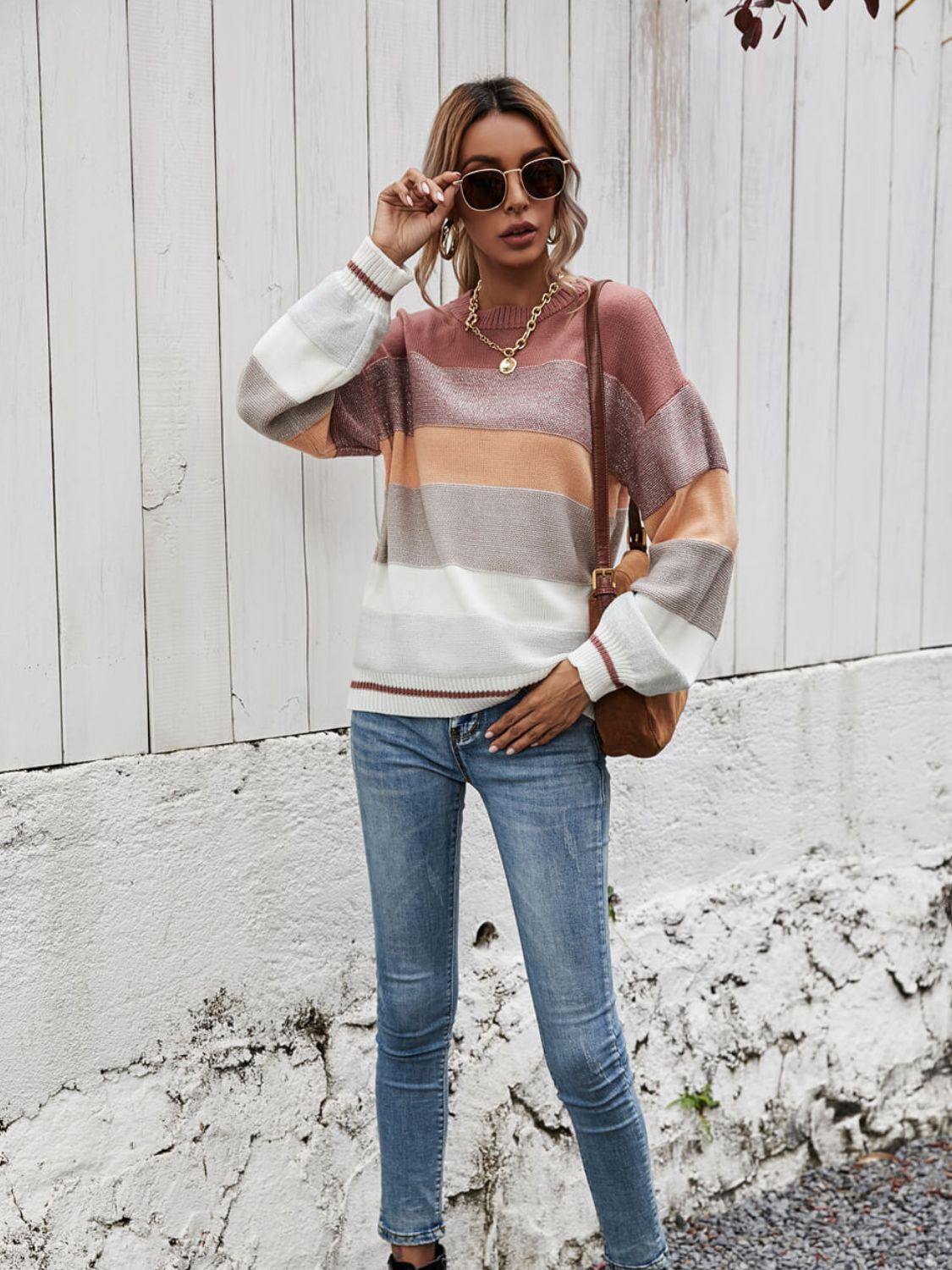 Striped Ribbed Trim Sweater BLUE ZONE PLANET