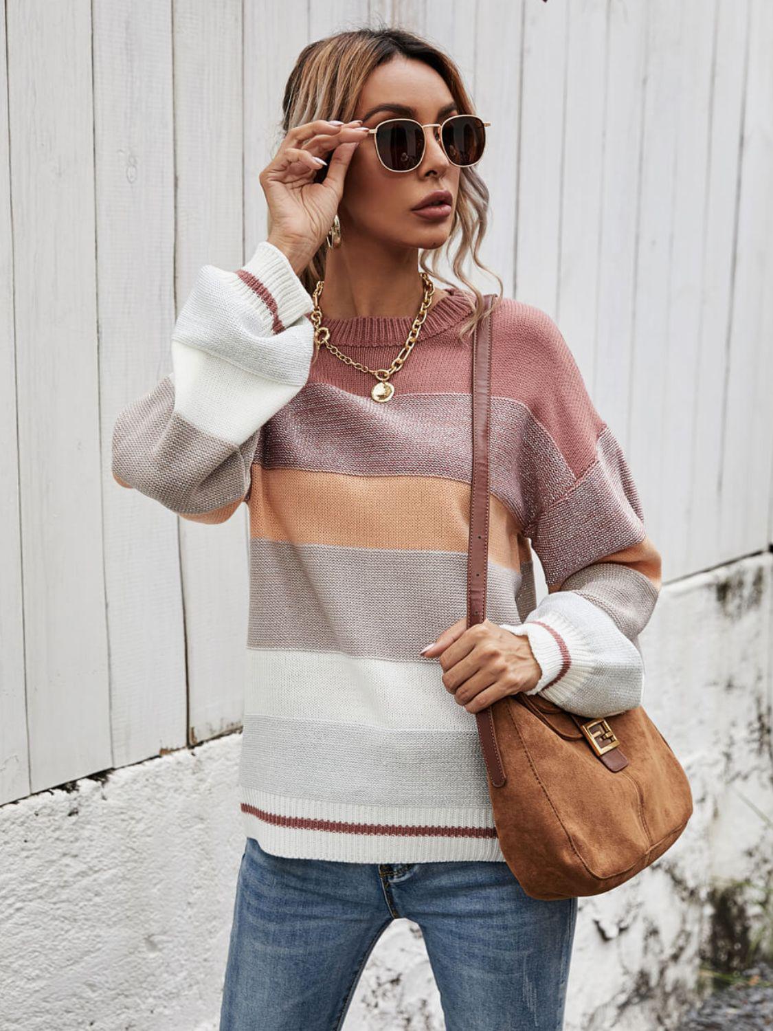 Striped Ribbed Trim Sweater BLUE ZONE PLANET