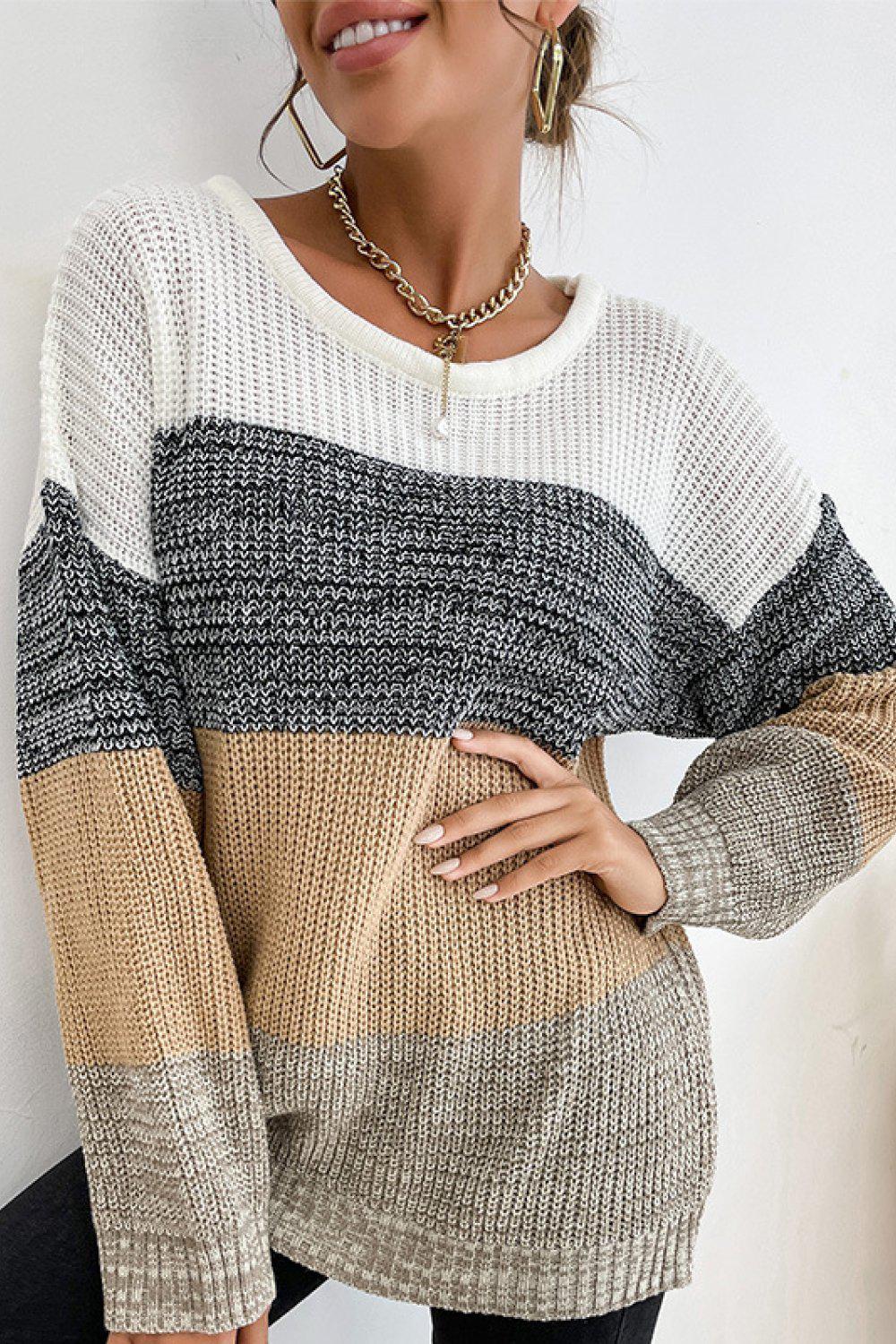 Striped Round Neck Long Sleeve Sweater BLUE ZONE PLANET