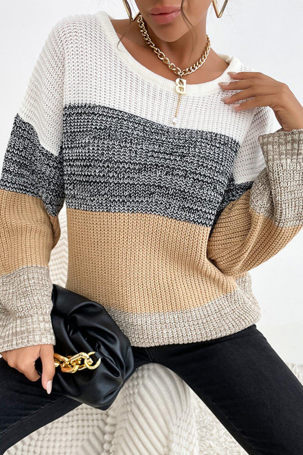 Striped Round Neck Long Sleeve Sweater BLUE ZONE PLANET