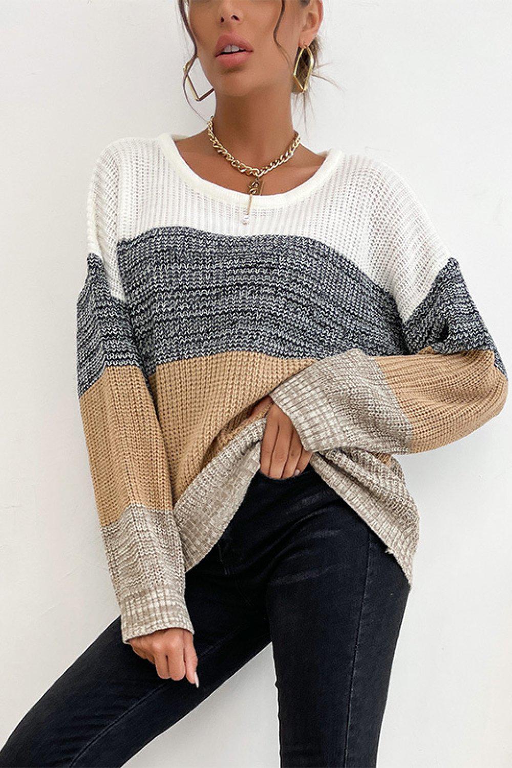 Striped Round Neck Long Sleeve Sweater BLUE ZONE PLANET
