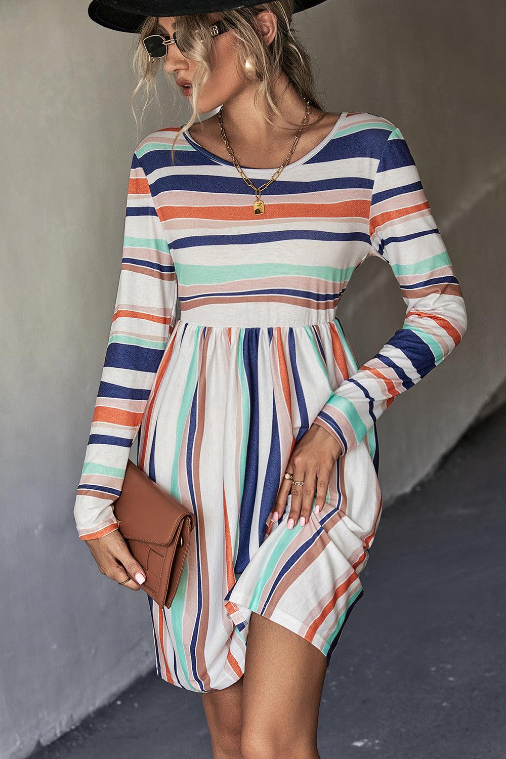 Striped Round Neck Long Sleeve Tee Mini Dress BLUE ZONE PLANET