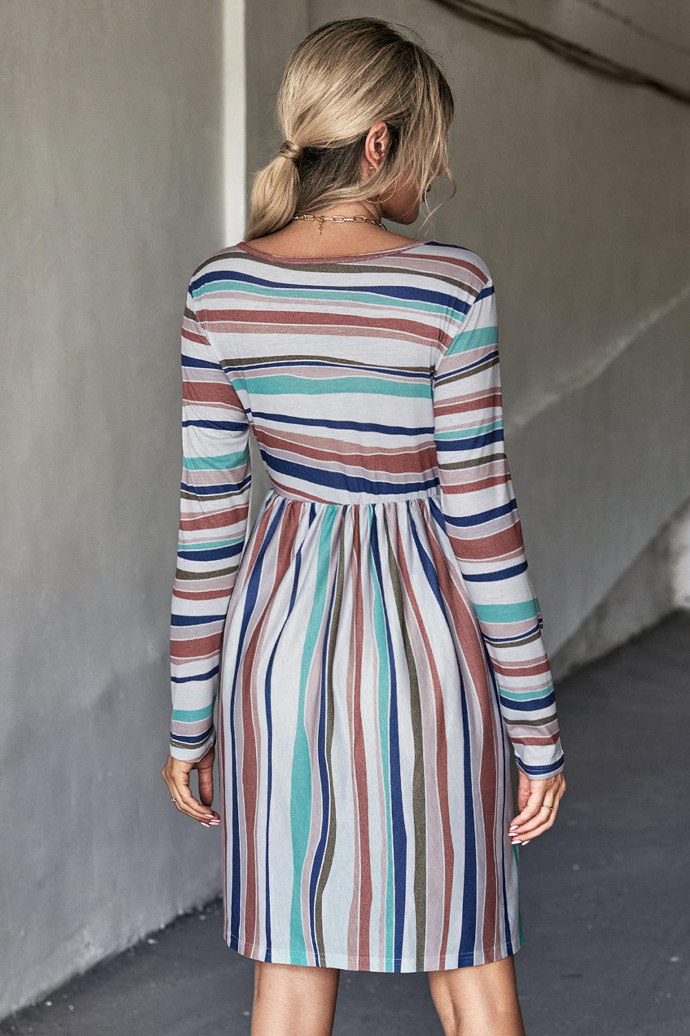 Striped Round Neck Long Sleeve Tee Mini Dress BLUE ZONE PLANET