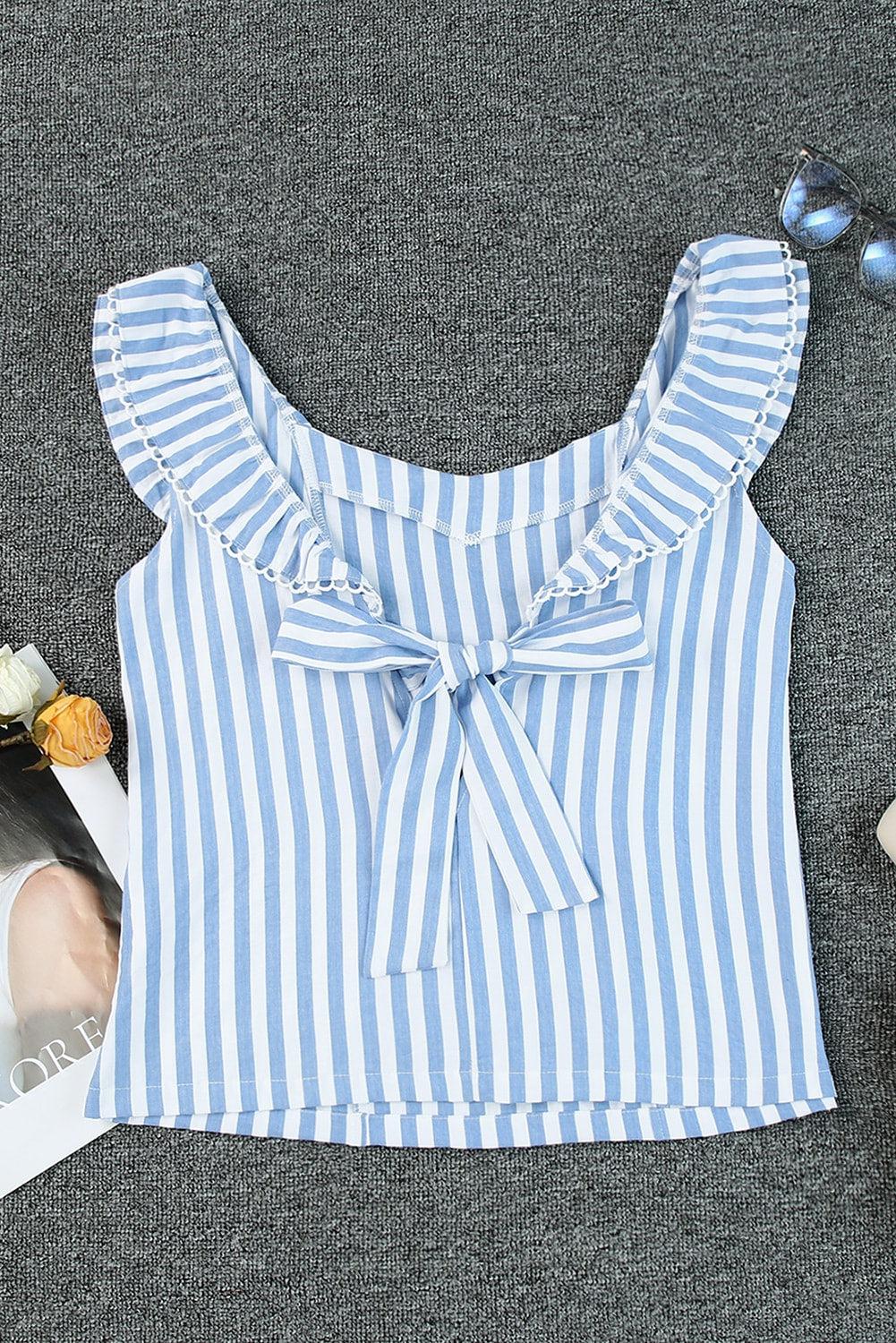 Striped Tie Back Ruffled Tank BLUE ZONE PLANET
