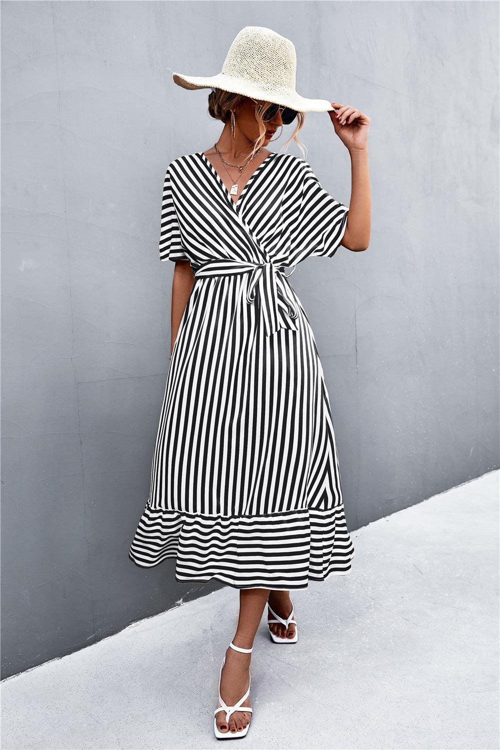 Striped Tie Belt Midi Dress BLUE ZONE PLANET
