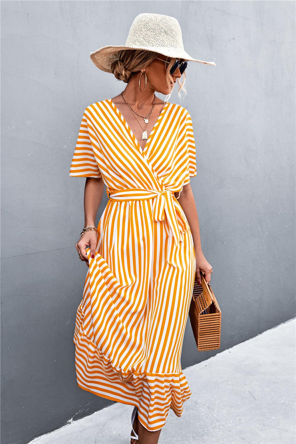 Striped Tie Belt Midi Dress BLUE ZONE PLANET