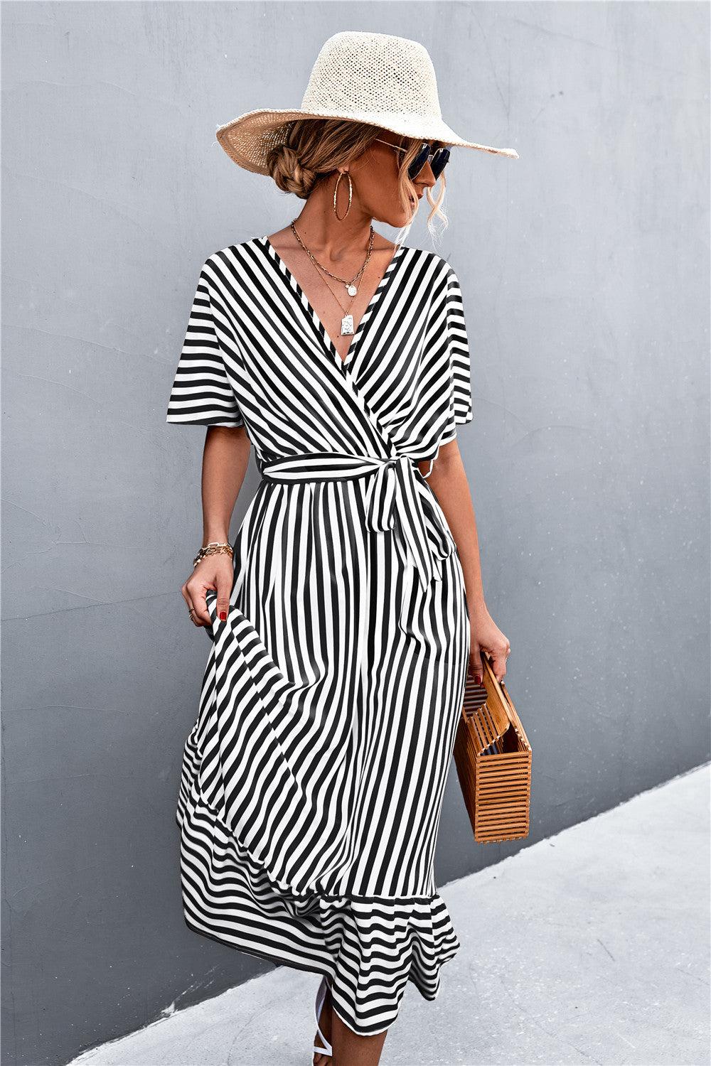 Striped Tie Belt Midi Dress BLUE ZONE PLANET