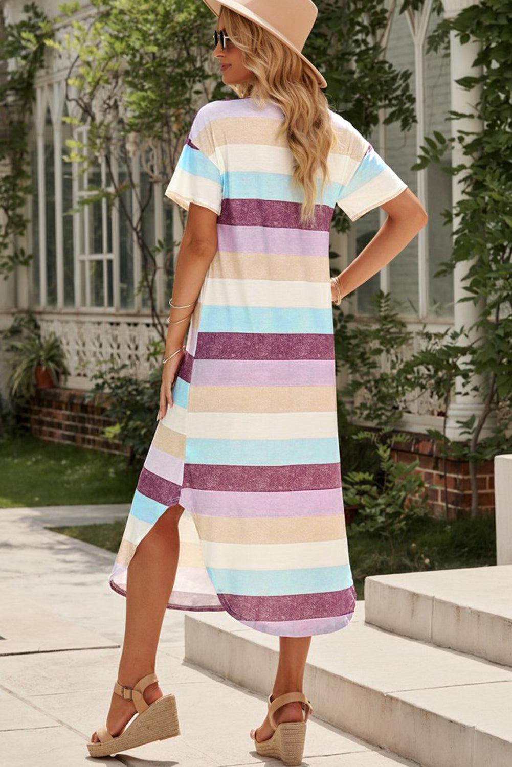 Striped V-Neck Curved Hem Midi Dress BLUE ZONE PLANET