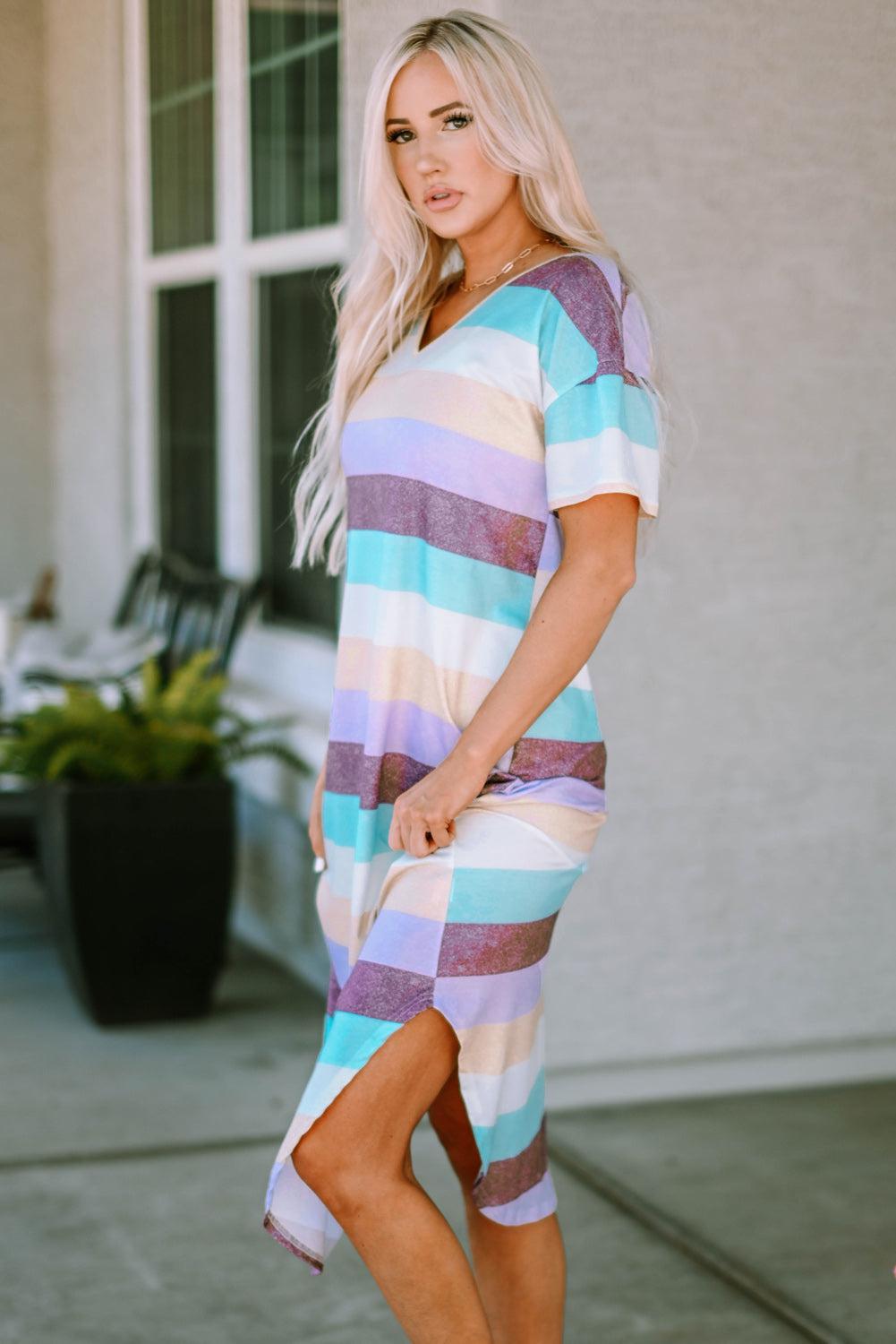 Striped V-Neck Curved Hem Midi Dress BLUE ZONE PLANET