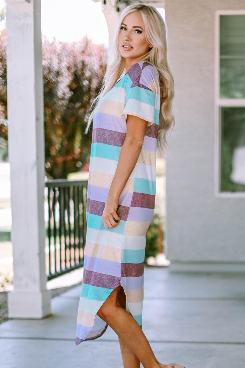 Striped V-Neck Curved Hem Midi Dress BLUE ZONE PLANET