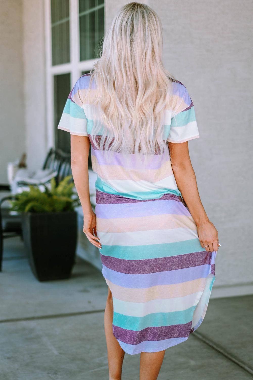 Striped V-Neck Curved Hem Midi Dress BLUE ZONE PLANET