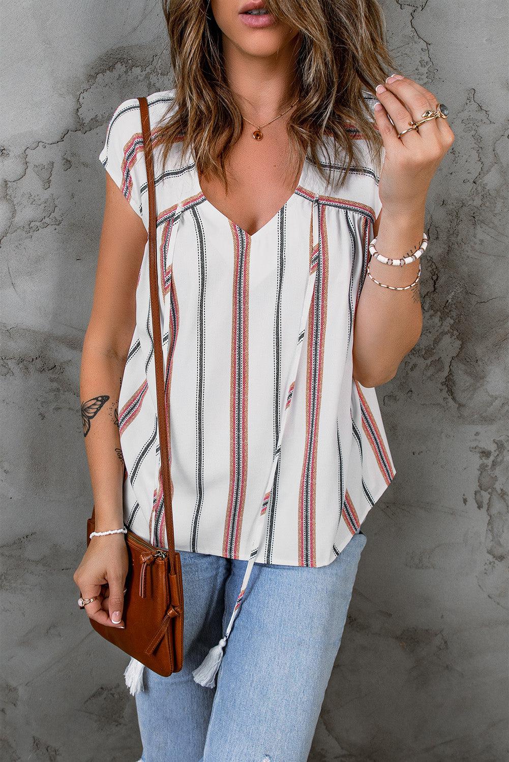 Striped V-Neck Tassel Tie Blouse BLUE ZONE PLANET