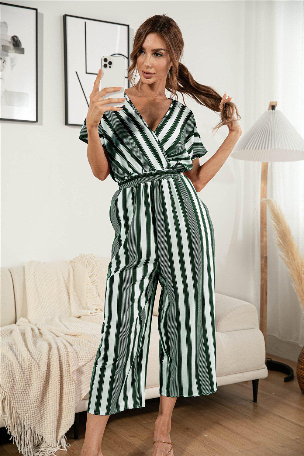 Striped V Neck Wide Leg Jumpsuit BLUE ZONE PLANET