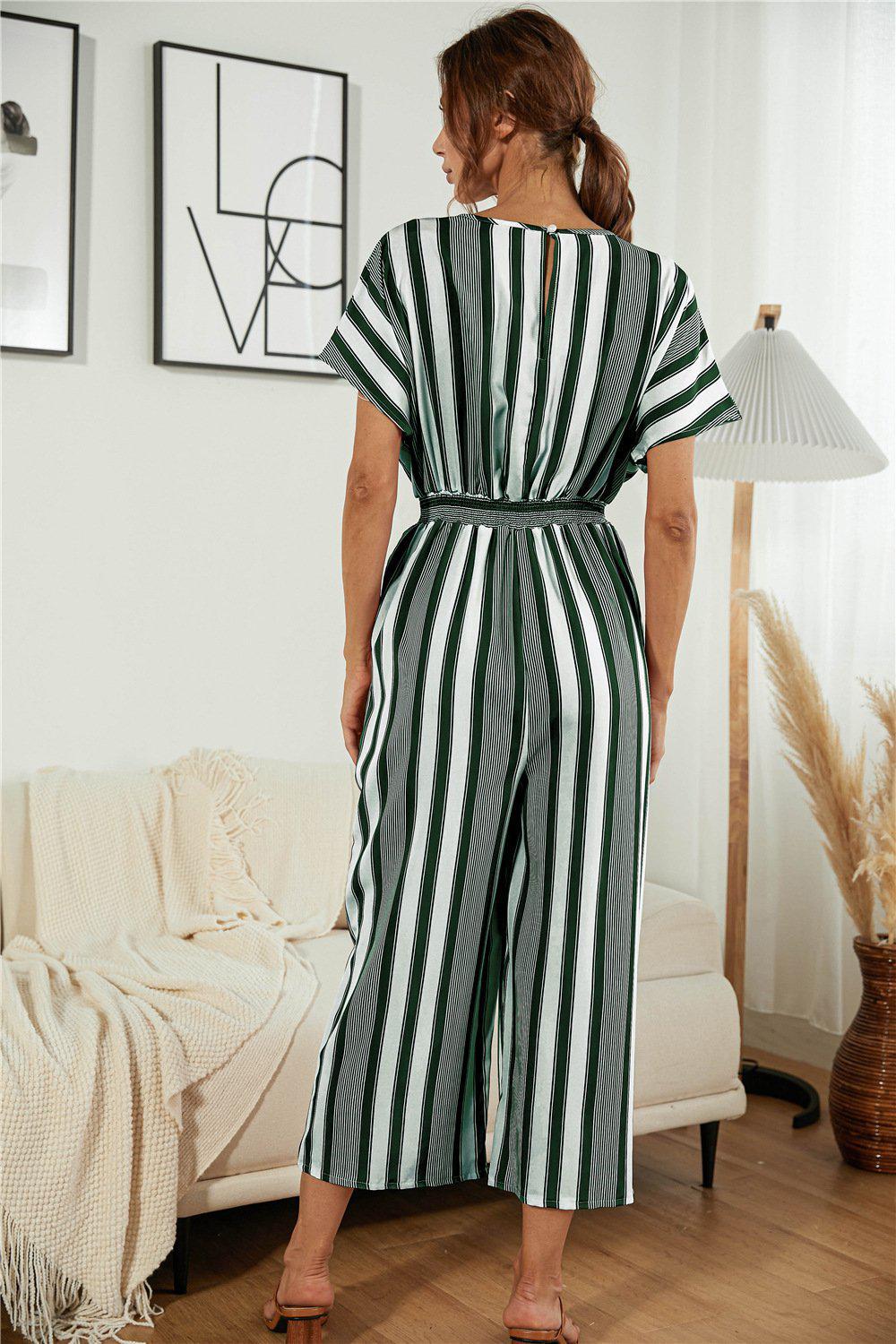 Striped V Neck Wide Leg Jumpsuit BLUE ZONE PLANET