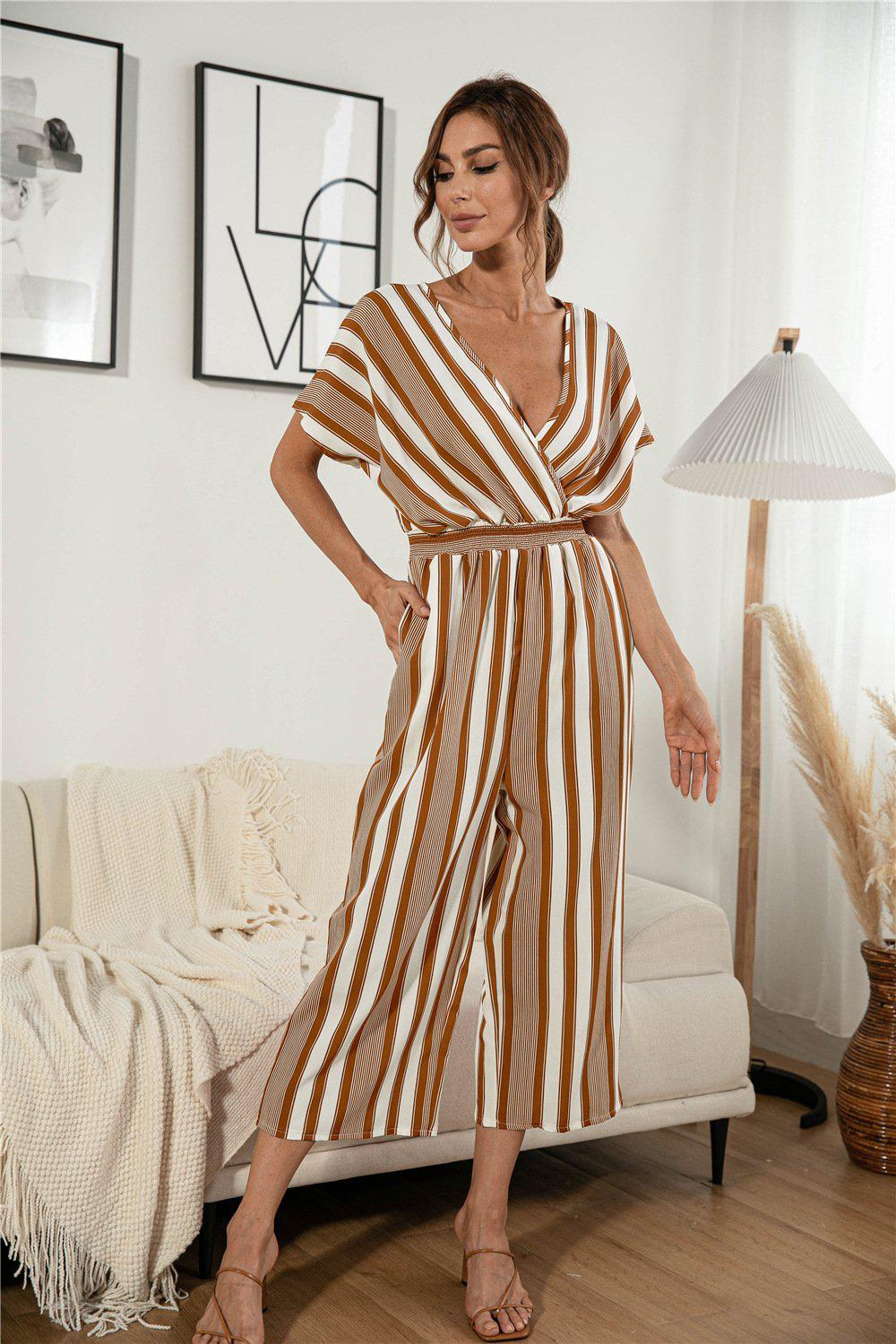 Striped V Neck Wide Leg Jumpsuit BLUE ZONE PLANET