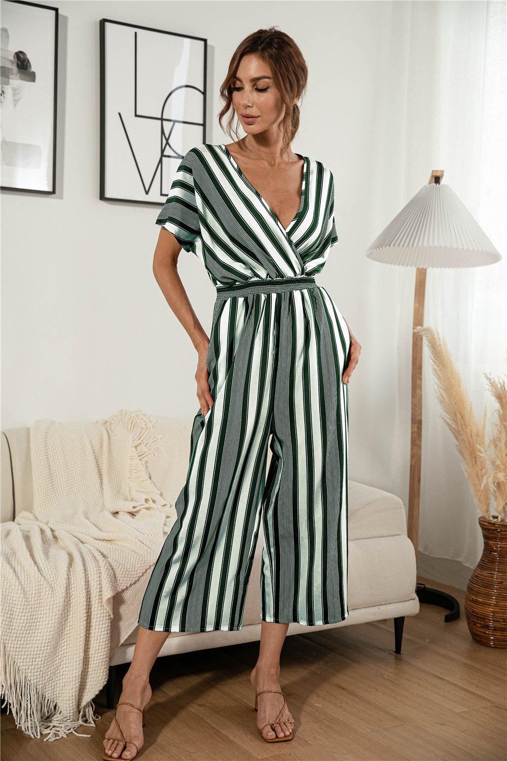 Striped V Neck Wide Leg Jumpsuit BLUE ZONE PLANET