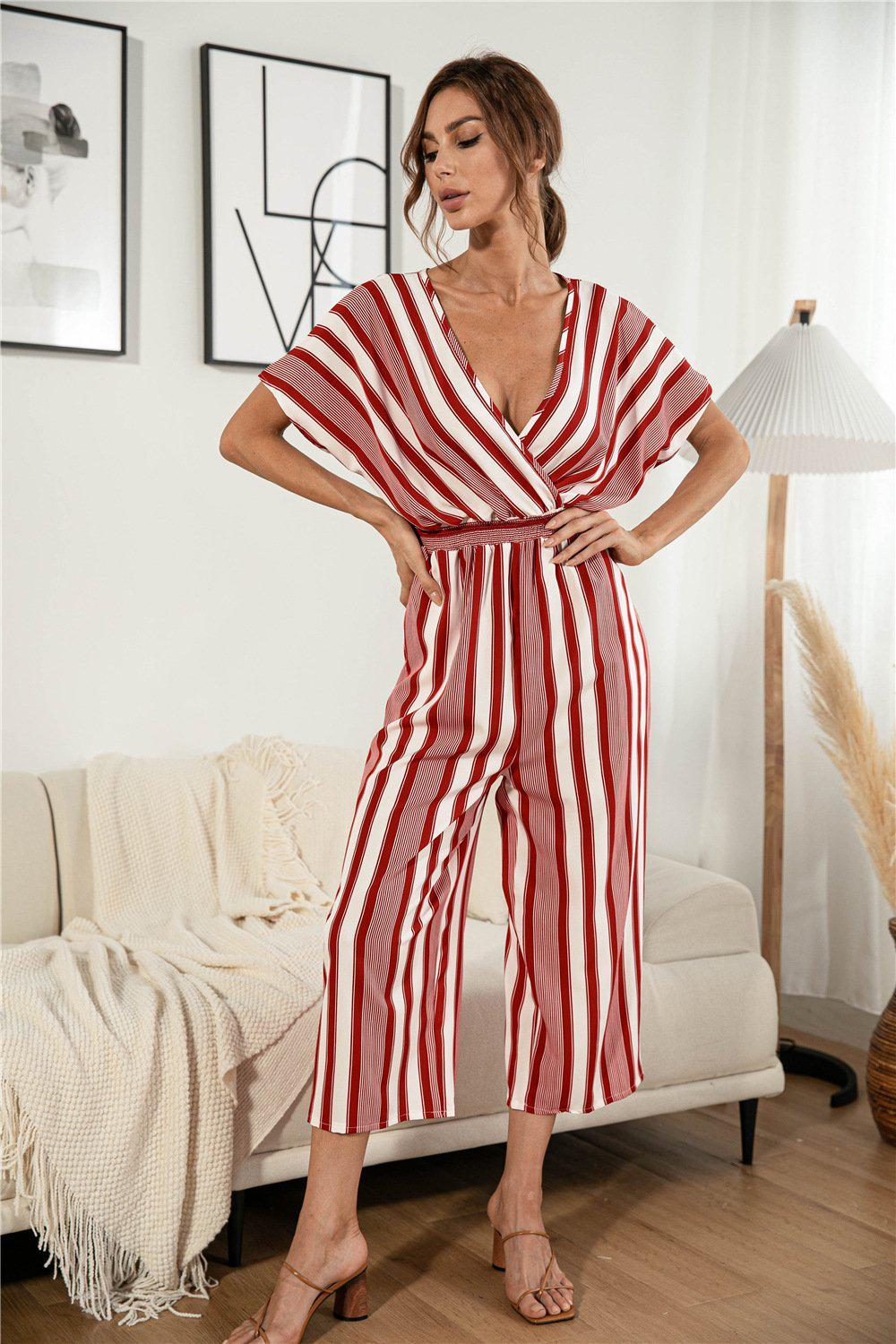 Striped V Neck Wide Leg Jumpsuit BLUE ZONE PLANET